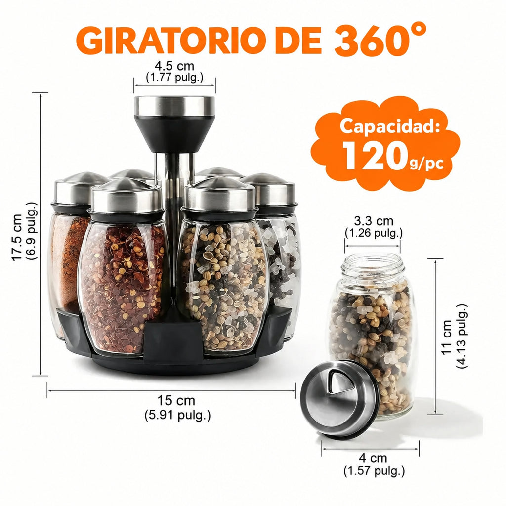 Especiero Giratorio 360° con 6 Frascos de Vidrio