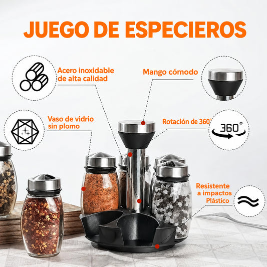 Especiero Giratorio 360° con 6 Frascos de Vidrio
