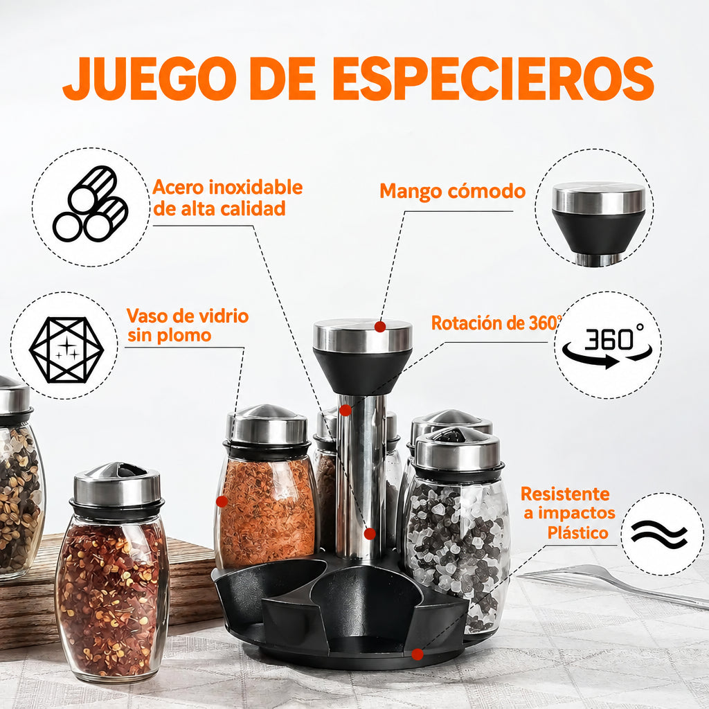 Especiero Giratorio 360° con 6 Frascos de Vidrio